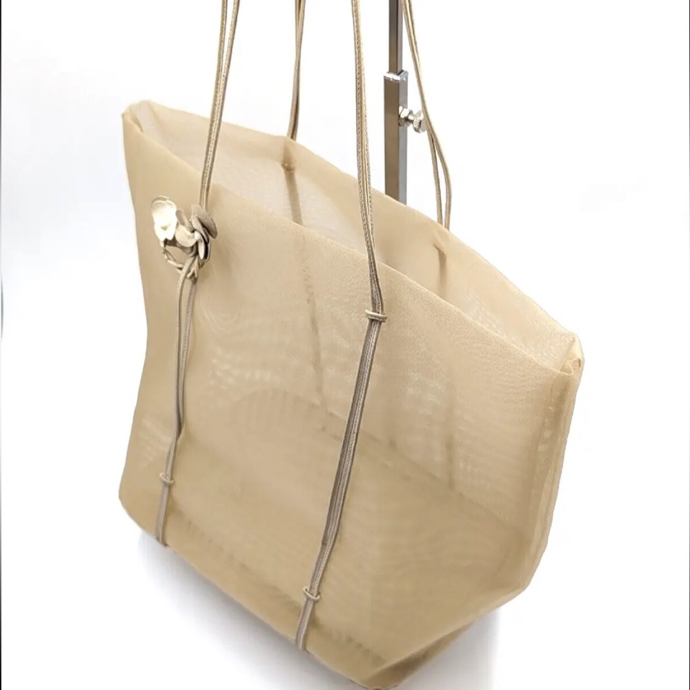 AUTH Vintage PRADA Sand Colored See-Through Flower Mesh Tote Bag